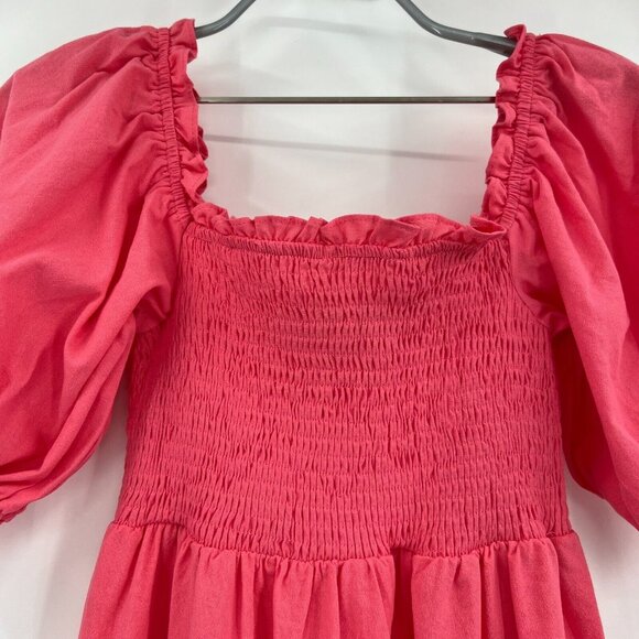 Pomander Place Tuckernuck Pink Hannah Dress sz Small Smocked Midi Puff Sleeve - Picture 2 of 9